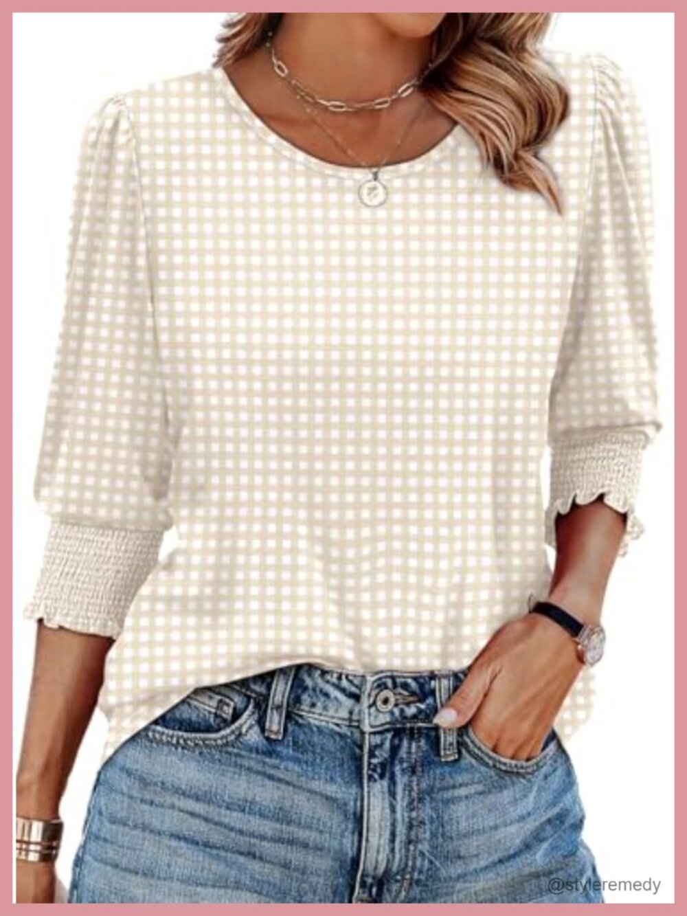 Womens 3/4 Sleeve Smocked Cuff Blouse Crew Neck Curved Hem Dressy Casual Top